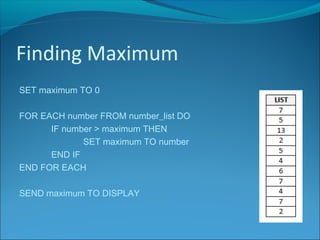 Finding Maximum
SET maximum TO 0
FOR EACH number FROM number_list DO
IF number > maximum THEN
SET maximum TO number
END IF
END FOR EACH
SEND maximum TO DISPLAY
 