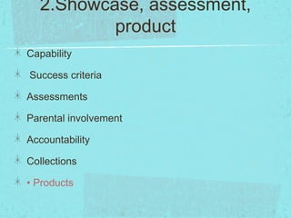 2.Showcase, assessment,
product
Capability
Success criteria
Assessments
Parental involvement
Accountability
Collections
• Products
 