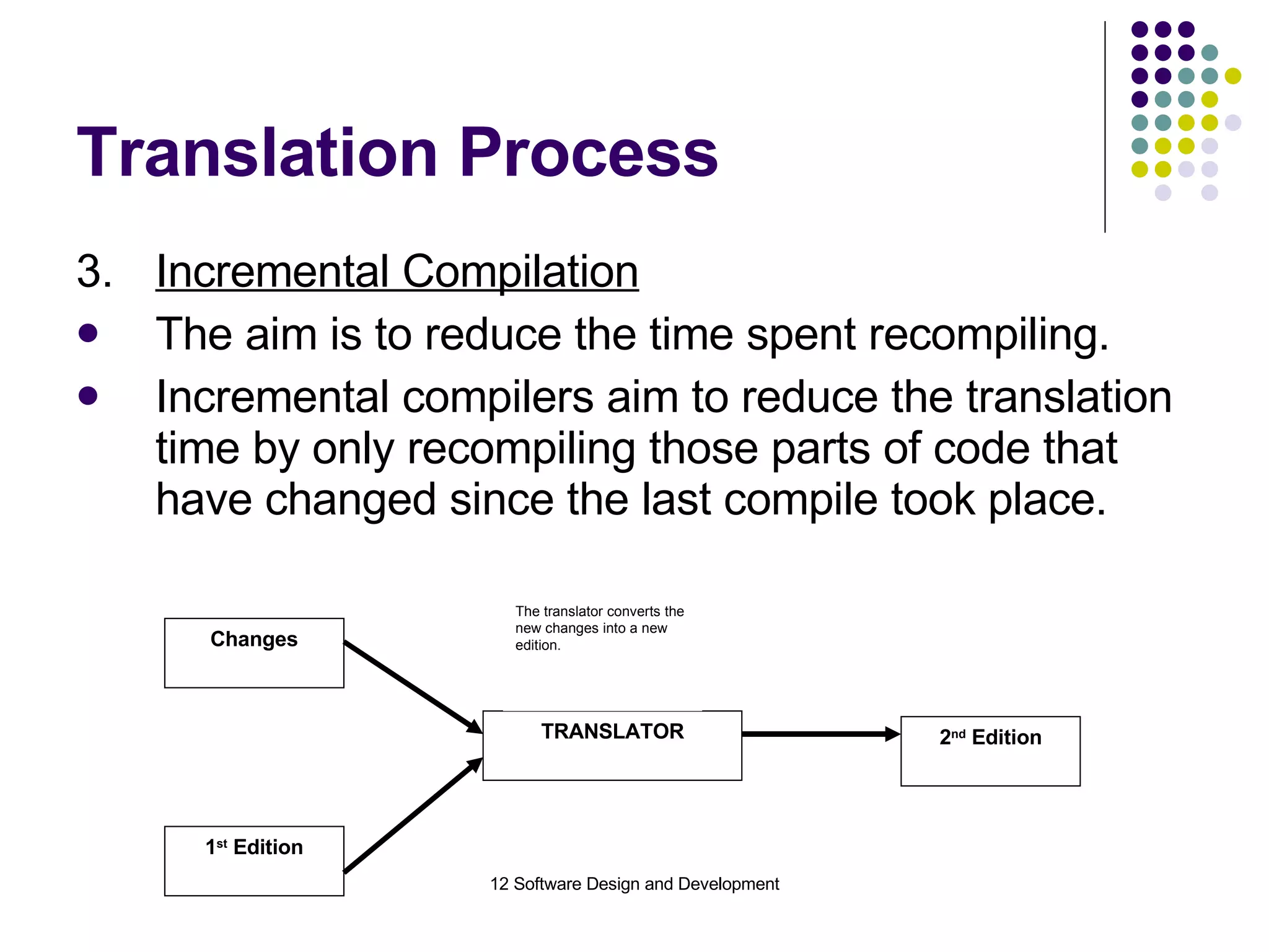 Translation Process 3. Incremental Compilation The aim is to reduce the time spent recompiling. Incremental compilers aim to reduce the translation time by only recompiling those parts of code that have changed since the last compile took place. TRANSLATOR The translator converts the new changes into a new edition. 1 st  Edition Changes 2 nd  Edition 