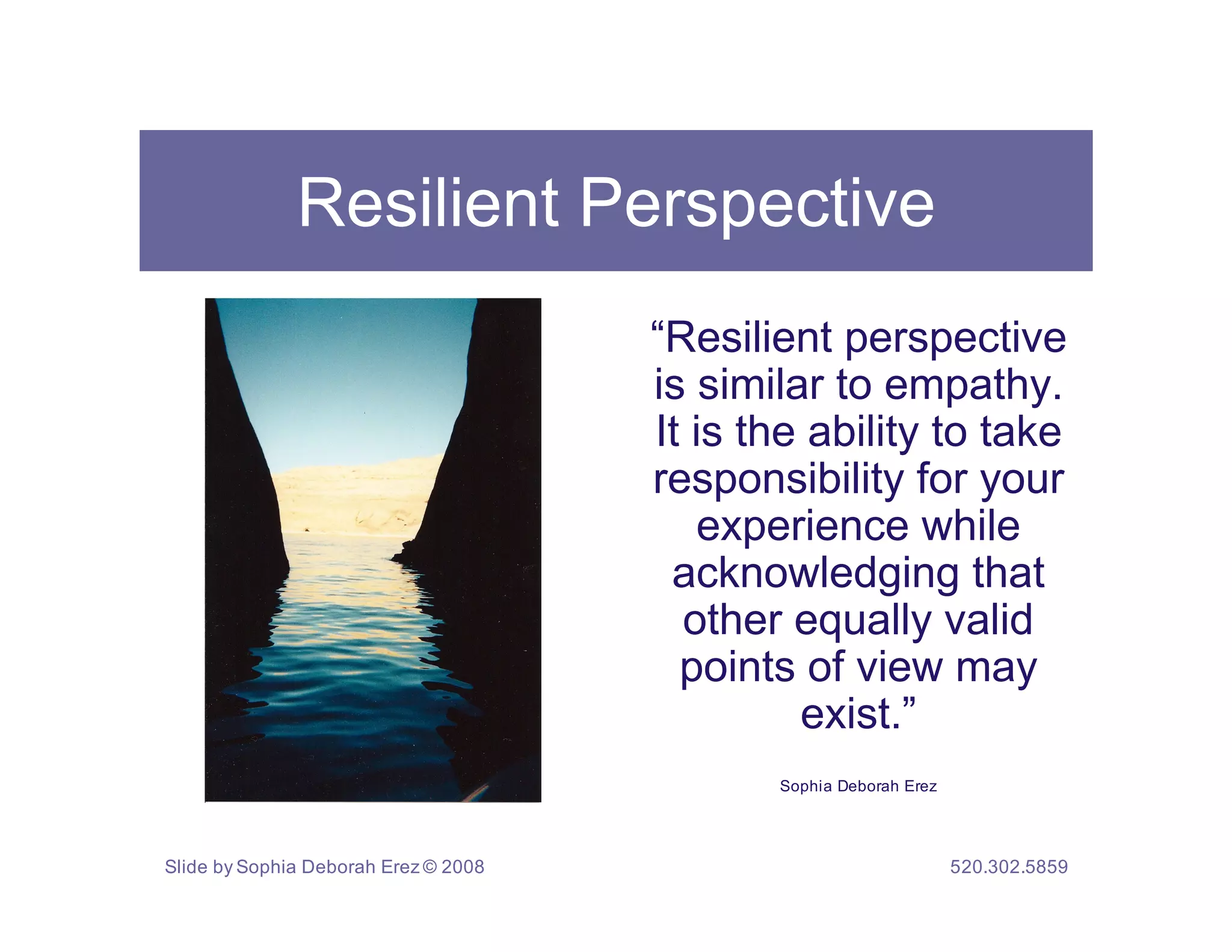 Resilient Perspective
                                      “Resilient perspective
                                      is similar to empathy.
                                      It is the ability to take
                                      responsibility for your
                                         experience while
                                       acknowledging that
                                        other equally valid
                                        points of view may
                                               exist.”
                                             Sophia Deborah Erez




Slide by Sophia Deborah Erez © 2008                                520.302.5859
 