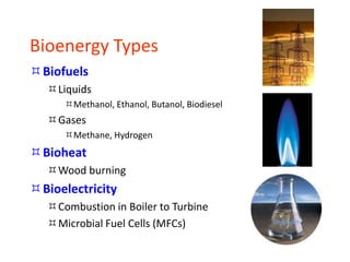 Bioenergy Types
Biofuels
Liquids
Methanol, Ethanol, Butanol, Biodiesel
Gases
Methane, Hydrogen
Bioheat
Wood burning
Bioelectricity
Combustion in Boiler to Turbine
Microbial Fuel Cells (MFCs)
 