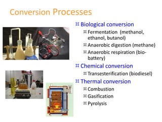 Conversion Processes
Biological conversion
Fermentation (methanol,
ethanol, butanol)
Anaerobic digestion (methane)
Anaerobic respiration (bio-
battery)
Chemical conversion
Transesterification (biodiesel)
Thermal conversion
Combustion
Gasification
Pyrolysis
 