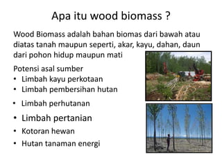 Apa itu wood biomass ?
Wood Biomass adalah bahan biomas dari bawah atau
diatas tanah maupun seperti, akar, kayu, dahan, daun
dari pohon hidup maupun mati
Potensi asal sumber
• Limbah kayu perkotaan
• Limbah pembersihan hutan
• Limbah perhutanan
• Limbah pertanian
• Kotoran hewan
• Hutan tanaman energi
 