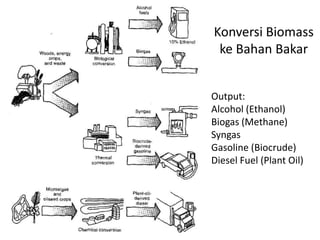 Konversi Biomass
ke Bahan Bakar
Output:
Alcohol (Ethanol)
Biogas (Methane)
Syngas
Gasoline (Biocrude)
Diesel Fuel (Plant Oil)
 