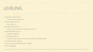 LEVELING
Fresh graduates are normally hired at L4.
You are told what to do and how to do it.
Most Software Engineers will be at L5
You are told what to do.
Senior Software Engineer will be at L6
You
fi
gure out what the team should do and design the best way to do it.
Principle Software Engineer will be at L7
Responsible for multiple teams.
L4 - L6 have similar hiring process
The higher the level, you need to have a little more technical skill but a lot more leadership principle.
L7 and beyond have different hiring process
At L5 you can choose to be an Individual Contributor or a Manager
More info at https://levels.fyi
 