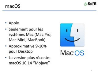 macOS
• Apple
• Seulement pour les
systèmes Mac (Mac Pro,
Mac Mini, MacBook)
• Approximative 9-10%
pour Desktop
• La version plus récente:
macOS 10.14 “Mojave”
19
 