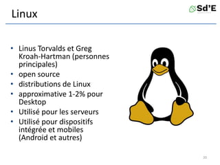 Linux
• Linus Torvalds et Greg
Kroah-Hartman (personnes
principales)
• open source
• distributions de Linux
• approximative 1-2% pour
Desktop
• Utilisé pour les serveurs
• Utilisé pour dispositifs
intégrée et mobiles
(Android et autres)
20
 