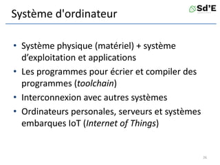 Système d'ordinateur
• Système physique (matériel) + système
d’exploitation et applications
• Les programmes pour écrier et compiler des
programmes (toolchain)
• Interconnexion avec autres systèmes
• Ordinateurs personales, serveurs et systèmes
embarques IoT (Internet of Things)
26
 