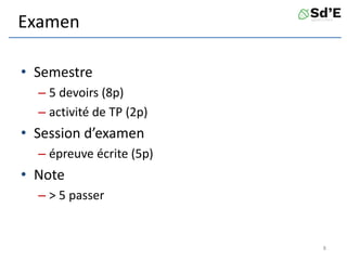Examen
• Semestre
– 5 devoirs (8p)
– activité de TP (2p)
• Session d’examen
– épreuve écrite (5p)
• Note
– > 5 passer
8
 