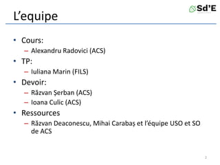 L’equipe
• Cours:
– Alexandru Radovici (ACS)
• TP:
– Iuliana Marin (FILS)
• Devoir:
– Răzvan Șerban (ACS)
– Ioana Culic (ACS)
• Ressources
– Răzvan Deaconescu, Mihai Carabaș et l’équipe USO et SO
de ACS
2
 