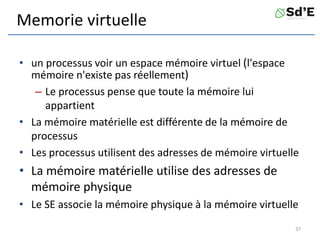 Memorie virtuelle
• un processus voir un espace mémoire virtuel (l'espace
mémoire n'existe pas réellement)
– Le processus pense que toute la mémoire lui
appartient
• La mémoire matérielle est différente de la mémoire de
processus
• Les processus utilisent des adresses de mémoire virtuelle
• La mémoire matérielle utilise des adresses de
mémoire physique
• Le SE associe la mémoire physique à la mémoire virtuelle
37
 