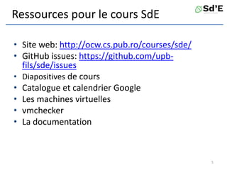 Ressources pour le cours SdE
• Site web: http://ocw.cs.pub.ro/courses/sde/
• GitHub issues: https://github.com/upb-
fils/sde/issues
• Diapositives de cours
• Catalogue et calendrier Google
• Les machines virtuelles
• vmchecker
• La documentation
5
 