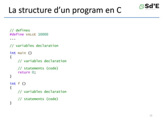 La structure d’un program en C
// defines
#define VALUE 10000
...
// variables declaration
int main ()
{
// variables declaration
// statements (code)
return 0;
}
int f ()
{
// variables declaration
// statements (code)
}
12
 