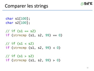 Comparer les strings
char s1[100];
char s2[100];
// if (s1 == s2)
if (strncmp (s1, s2, 99) == 0)
// if (s1 < s2)
if (strncmp (s1, s2, 99) < 0)
// if (s1 > s2)
if (strncmp (s1, s2, 99) > 0)
50
 