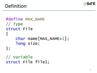 Definition
#define MAX_NAME
// Type
struct File
{
char name[MAX_NAME+1];
long size;
};
// Variable
struct File file1;
52
 