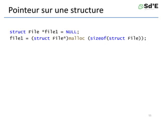 Pointeur sur une structure
struct File *file1 = NULL;
file1 = (struct File*)malloc (sizeof(struct File));
55
 