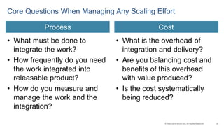 26© 1993-2015 Scrum.org, All Rights Reserved
• What must be done to
integrate the work?
• How frequently do you need
the work integrated into
releasable product?
• How do you measure and
manage the work and the
integration?
• What is the overhead of
integration and delivery?
• Are you balancing cost and
benefits of this overhead
with value produced?
• Is the cost systematically
being reduced?
Core Questions When Managing Any Scaling Effort
Process Cost
 