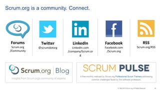 40© 1993-2015 Scrum.org, All Rights Reserved
Scrum.org is a community. Connect.
Twitter
@scrumdotorg
LinkedIn
LinkedIn.com
/company/Scrum.or
g
Facebook
Facebook.com
/Scrum.org
Forums
Scrum.org
/Community
RSS
Scrum.org/RSS
 
