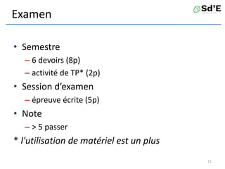 Examen
• Semestre
– 6 devoirs (8p)
– activité de TP* (2p)
• Session d’examen
– épreuve écrite (5p)
• Note
– > 5 passer
* l'utilisation de matériel est un plus
11
 