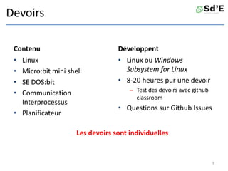 Devoirs
Contenu
• Linux
• Micro:bit mini shell
• SE DOS:bit
• Communication
Interprocessus
• Planificateur
Développent
• Linux ou Windows
Subsystem for Linux
• 8-20 heures pur une devoir
– Test des devoirs avec github
classroom
• Questions sur Github Issues
Les devoirs sont individuelles
9
 