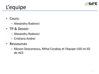 L’equipe
• Cours:
– Alexandru Radovici
• TP & Devoir:
– Alexandru Radovici
– Cristiana Andrei
• Ressources
– Răzvan Deaconescu, Mihai Carabaș et l’équipe USO et SO
de ACS
2
 