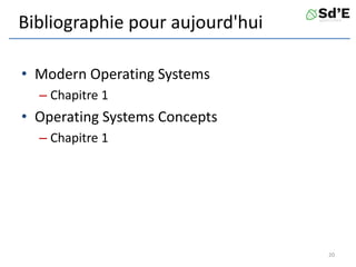Bibliographie pour aujourd'hui
• Modern Operating Systems
– Chapitre 1
• Operating Systems Concepts
– Chapitre 1
20
 