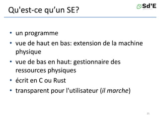 Qu'est-ce qu’un SE?
• un programme
• vue de haut en bas: extension de la machine
physique
• vue de bas en haut: gestionnaire des
ressources physiques
• écrit en C ou Rust
• transparent pour l'utilisateur (il marche)
35
 