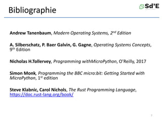 Bibliographie
Andrew Tanenbaum, Modern Operating Systems, 2nd Edition
A. Silberschatz, P. Baer Galvin, G. Gagne, Operating Systems Concepts,
9th Edition
Nicholas H.Tollervey, Programming withMicroPython, O’Reilly, 2017
Simon Monk, Programming the BBC micro:bit: Getting Started with
MicroPython, 1st edition
Steve Klabnic, Carol Nichols, The Rust Programming Language,
https://doc.rust-lang.org/book/
7
 