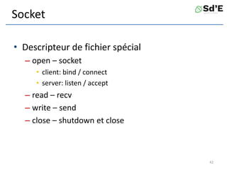 Socket
• Descripteur de fichier spécial
– open – socket
• client: bind / connect
• server: listen / accept
– read – recv
– write – send
– close – shutdown et close
42
 