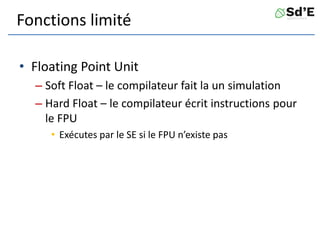 Fonctions limité
• Floating Point Unit
– Soft Float – le compilateur fait la un simulation
– Hard Float – le compilateur écrit instructions pour
le FPU
• Exécutes par le SE si le FPU n’existe pas
 
