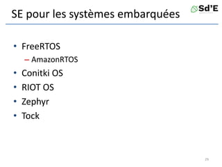SE pour les systèmes embarquées
• FreeRTOS
– AmazonRTOS
• Conitki OS
• RIOT OS
• Zephyr
• Tock
29
 