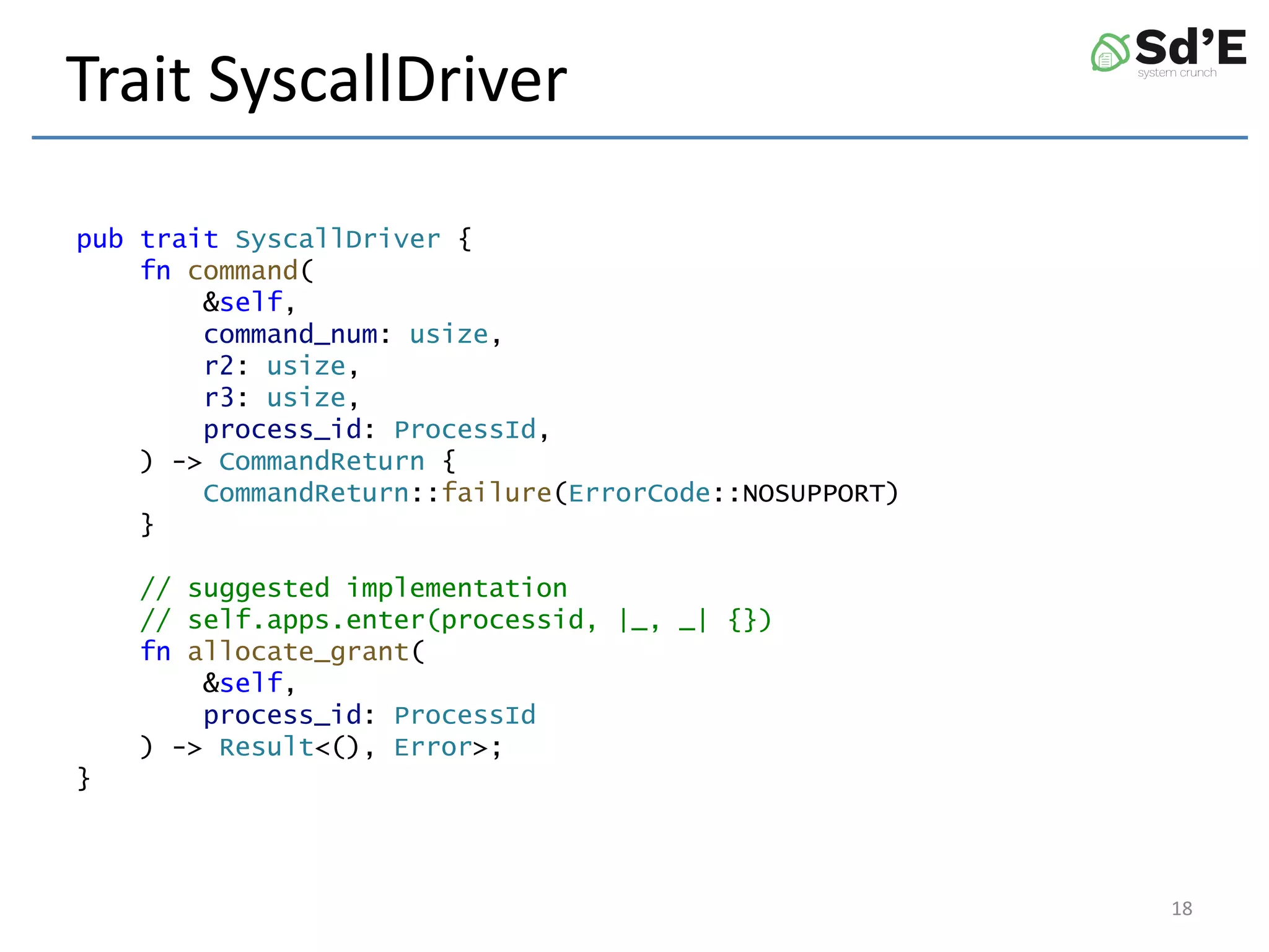 Trait SyscallDriver
pub trait SyscallDriver {
fn command(
&self,
command_num: usize,
r2: usize,
r3: usize,
process_id: ProcessId,
) -> CommandReturn {
CommandReturn::failure(ErrorCode::NOSUPPORT)
}
// suggested implementation
// self.apps.enter(processid, |_, _| {})
fn allocate_grant(
&self,
process_id: ProcessId
) -> Result<(), Error>;
}
18
 