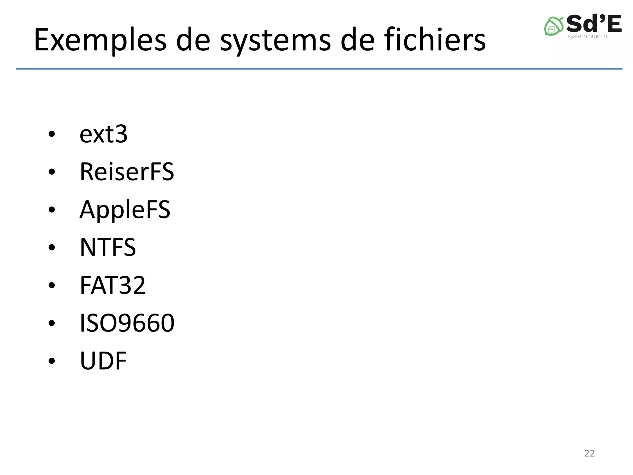 Exemples de systems de fichiers
• ext3
• ReiserFS
• AppleFS
• NTFS
• FAT32
• ISO9660
• UDF
22
 