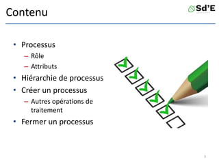 Contenu
• Processus
– Rôle
– Attributs
• Hiérarchie de processus
• Créer un processus
– Autres opérations de
traitement
• Fermer un processus
3
 