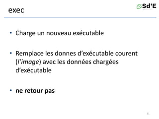 exec
• Charge un nouveau exécutable
• Remplace les donnes d’exécutable courent
(l’image) avec les données chargées
d’exécutable
• ne retour pas
31
 