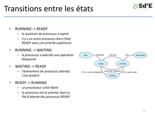 Transitions entre les états
• RUNNING -> READY
– le quantum de processus a expiré
– il y a un autre processus dans l'état
READY avec une priorité supérieure
• RUNNING -> WAITING
– le processus a exécuté une opération
bloquante
• WAITING -> READY
– l'événement de processus attendu
s'est produit
• READY -> RUNNING
– un processeur a été libéré
– le processus est le premier dans la
file d'attente des processus READY
11
 