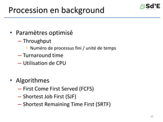 Procession en background
• Paramètres optimisé
– Throughput
• Numéro de processus fini / unité de temps
– Turnaround time
– Utilisation de CPU
• Algorithmes
– First Come First Served (FCFS)
– Shortest Job First (SJF)
– Shortest Remaining Time First (SRTF)
20
 