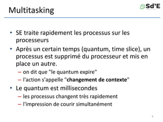 Multitasking
• SE traite rapidement les processus sur les
processeurs
• Après un certain temps (quantum, time slice), un
processus est supprimé du processeur et mis en
place un autre.
– on dit que "le quantum expire"
– l'action s'appelle "changement de contexte"
• Le quantum est millisecondes
– les processus changent très rapidement
– l'impression de courir simultanément
8
 