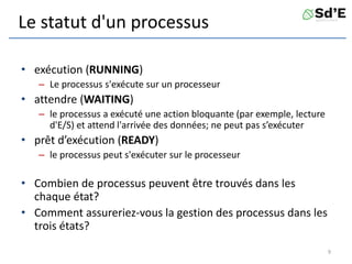Le statut d'un processus
• exécution (RUNNING)
– Le processus s'exécute sur un processeur
• attendre (WAITING)
– le processus a exécuté une action bloquante (par exemple, lecture
d'E/S) et attend l'arrivée des données; ne peut pas s’exécuter
• prêt d’exécution (READY)
– le processus peut s'exécuter sur le processeur
• Combien de processus peuvent être trouvés dans les
chaque état?
• Comment assureriez-vous la gestion des processus dans les
trois états?
9
 