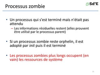 Processus zombie
• Un processus qui s'est terminé mais n'était pas
attendu
– Les informations résiduelles restent (elles prouvent
être utilisé par le processus parent)
• Si un processus zombie reste orphelin, il est
adopté par init puis il est terminé
• Les processus zombies plus longs occupent (en
vain) les ressources de système
25
 