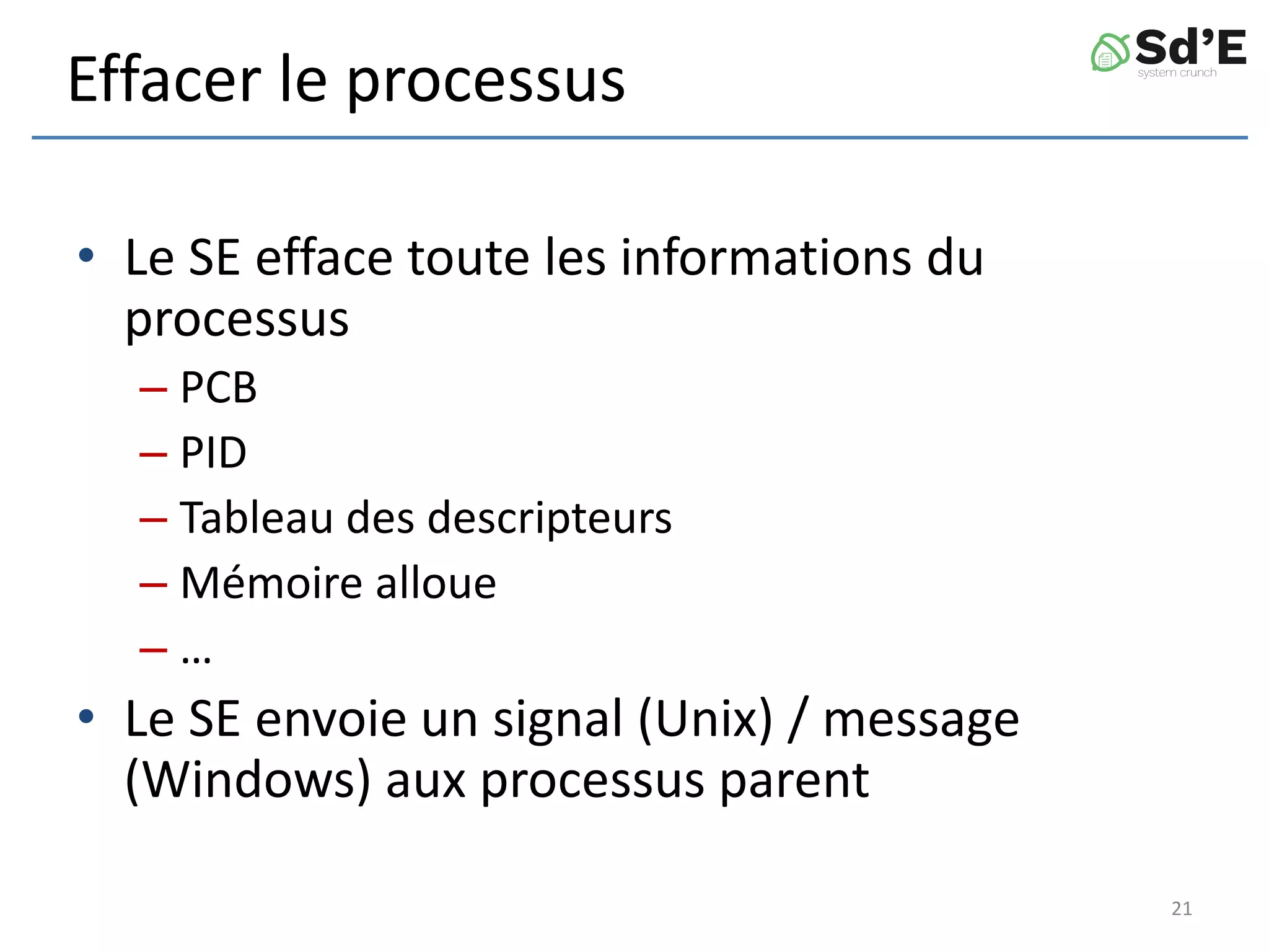 Effacer le processus
• Le SE efface toute les informations du
processus
– PCB
– PID
– Tableau des descripteurs
– Mémoire alloue
– …
• Le SE envoie un signal (Unix) / message
(Windows) aux processus parent
21
 