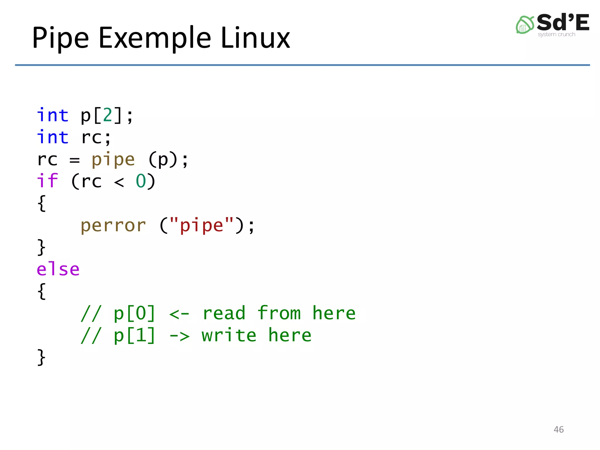 Pipe Exemple Linux
int p[2];
int rc;
rc = pipe (p);
if (rc < 0)
{
perror ("pipe");
}
else
{
// p[0] <- read from here
// p[1] -> write here
}
46
 