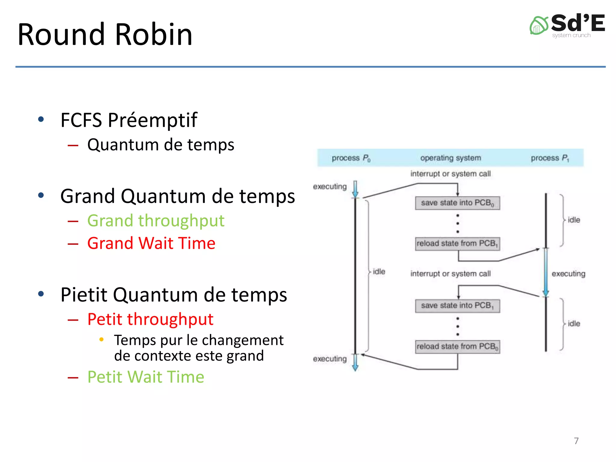 Round Robin
• FCFS Préemptif
– Quantum de temps
• Grand Quantum de temps
– Grand throughput
– Grand Wait Time
• Pietit Quantum de temps
– Petit throughput
• Temps pur le changement
de contexte este grand
– Petit Wait Time
7
 