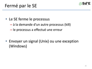 Fermé par le SE
• Le SE ferme le processus
– à la demande d'un autre processus (kill)
– le processus a effectué une erreur
• Envoyer un signal (Unix) ou une exception
(Windows)
20
 