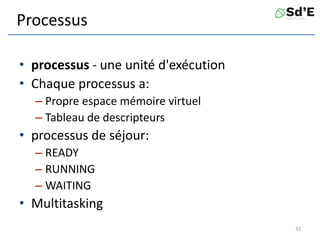Processus
• processus - une unité d'exécution
• Chaque processus a:
– Propre espace mémoire virtuel
– Tableau de descripteurs
• processus de séjour:
– READY
– RUNNING
– WAITING
• Multitasking
33
 