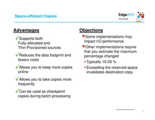 © Copyright IBM Corporation 2015
13
Space-efficient Copies
Advantages
Supports both
Fully-allocated and
Thin-Provisioned sources
Reduces the data footprint and
lowers costs
Allows you to keep more copies
online
Allows you to take copies more
frequently
Can be used as checkpoint
copies during batch processing
Objections
Some implementations may
impact I/O performance
Other implementations require
that you estimate the maximum
percentage changed
Typically 10-20 %
Exceeding the reserved space
invalidates destination copy
 