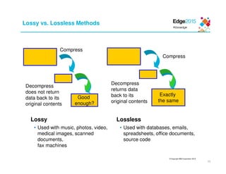 © Copyright IBM Corporation 2015
23
Lossy vs. Lossless Methods
Lossy
• Used with music, photos, video,
medical images, scanned
documents,
fax machines
Lossless
• Used with databases, emails,
spreadsheets, office documents,
source code
Good
enough?
Exactly
the same
Compress
Decompress
does not return
data back to its
original contents
Compress
Decompress
returns data
back to its
original contents
 