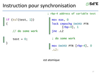 Instruction pour synchronisation
if (tsl(test, 1))
{
// do some work
test = 0;
}
mov eax, 0
lock cmpxchg DWORD PTR
[rbp-4], 1
jne .L2
; do some work
mov DWORD PTR [rbp-4], 0
.L2:
17
; rbp-4 address of variable test
est atomique
 
