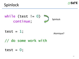 Spinlock
while (test != 0)
continue;
test = 1;
// do some work with
test = 0;
20
Spinlock
Atomique?
 