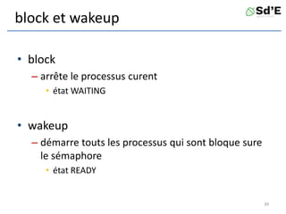 block et wakeup
• block
– arrête le processus curent
• état WAITING
• wakeup
– démarre touts les processus qui sont bloque sure
le sémaphore
• état READY
39
 